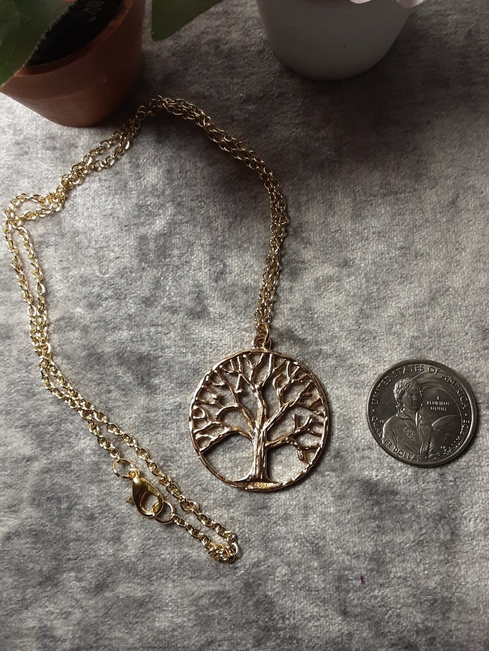Handmade Gold Tone Tree of Life Pendant Necklace - 18.5" Long Chain - Picture 4 of 4